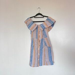 Reformation short linen dress 4 pastel rainbow stripes off the shoulder sundress